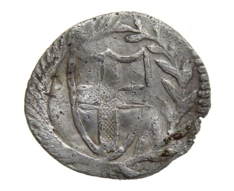 Commonwealth Penny.  Circa, 1649-60 AD. Silver, 0.39 grams. 14.48 mm. Shield enclosing St George's cross within wreath. Rever