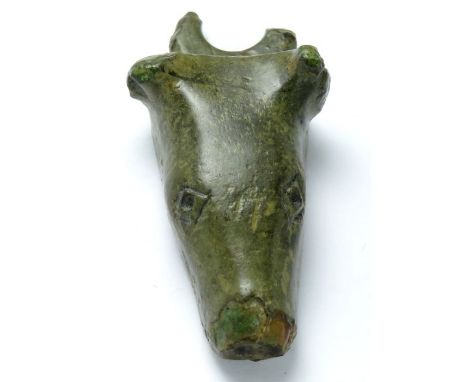 Celtic / Roman Zoomorphic Vessel Mount. Circa, 1st century AD. Copper-alloy, 49mm x 25mm, 28.4g. A heavy bronze mount in the 