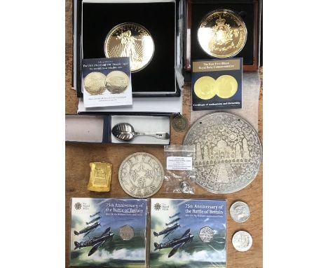 Collection of Coins, Medallic coins and reproduction items with a Russian silver caddy spoon, two Royal Mint Battle of Britai