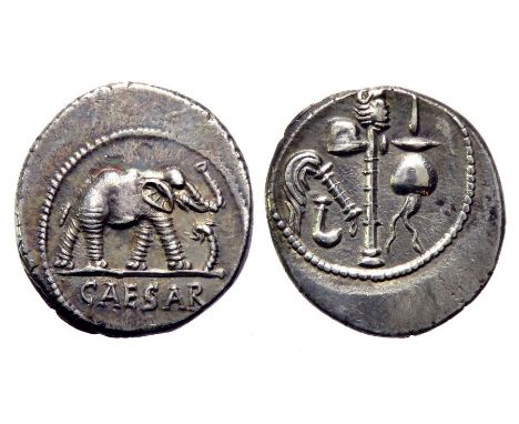 Julius Caesar Denarius.  Italy, 49 BC. Silver, 19mm, 4.05g. Elephant walking right, trampling on dragon. CAESAR. Reverse: Sim