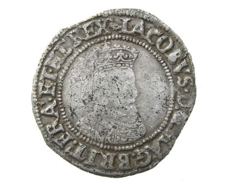 James I Irish Sixpence.  Second coinage, 1604-7 AD. Silver, 24mm, 2.07g. Crowned bust right, IACOBVS D G MAG BRIT FRA ET HI R