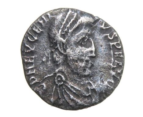 Eugenius Siliqua.  Trier, AD 392-4. Silver, 1.39 grams. 16.17 mm. Diademed bust right, D N EVGENIVS PF AVG. Reverse: VIRTVS R