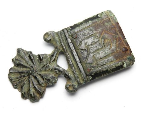 Medieval Strap-End.&nbsp;Circa, 14th-15th century AD. Copper-alloy, 15.13 g, 49.17 mm. A large example with a socketed body d