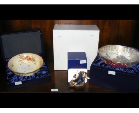 A boxed Royal Crown Derby 'Coral Seahorse' with Certificate, together with a Royal Worcester 'Blush Ivory Bennett Bowl' and o