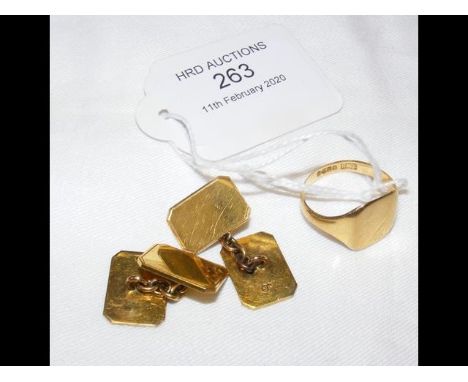 A pair of gent's 9ct gold cuff links, together with a gold signet ring CONDITION REPORTThe gold signet ring is 18ct.