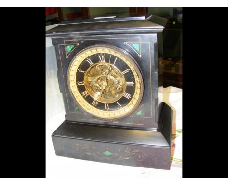A Victorian slate mantel clock with striking movement and visible escapement - 30cm high CONDITION REPORTworks okhas pendulum