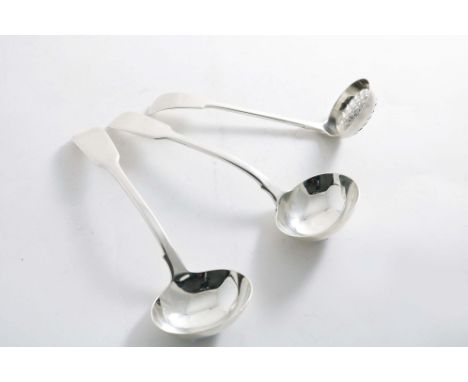 A PAIR OF VICTORIAN FIDDLE PATTERN SAUCE LADLES by George Adams, London 1841 and a Fiddle pattern sugar sifter ladle, by Mary