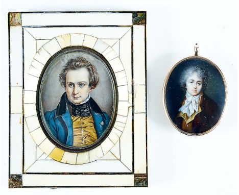 GERMAN SCHOOL:- A miniature portrait of a gentleman in early 19th century attire, on ivory; 8 x 6 cms in ivory and mother of 