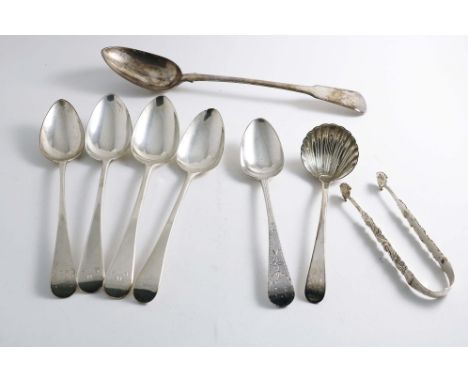 A MIXED LOT:- A George III Fiddle pattern basting spoon, initialled "JEW", a George III Exeter-made, bright-cut table spoon, 