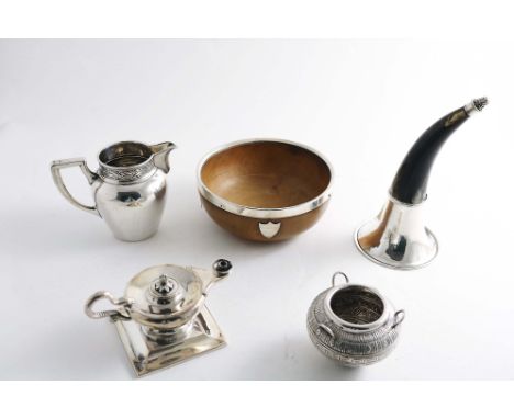 A MIXED LOT:- An early 20th century mounted wooden bowl, a plated-mounted horn, a Victorian lighter in the form of a lamp, on