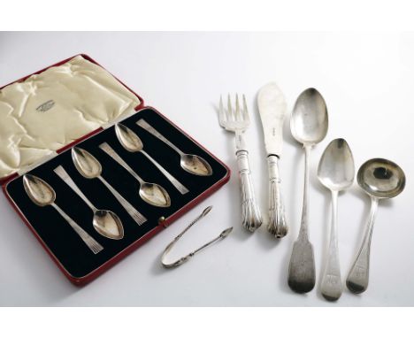 A MIXED LOT:- A cased set of six Art Deco grapefruit spoons with reeded terminals, by Charles Boyton &amp; sons, Sheffield 19