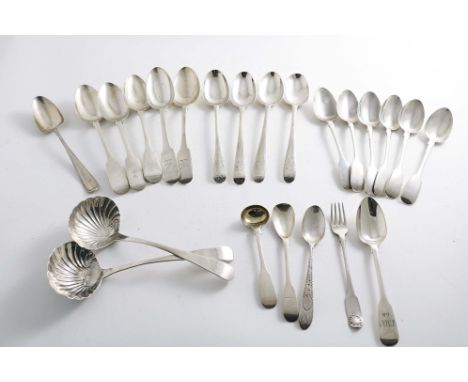 A SMALL QUANTITY OF MISCELLANEOUS IRISH FLATWARE TO INCLUDE:- A pair of George III sauce ladles with fluted bowls, ten variou