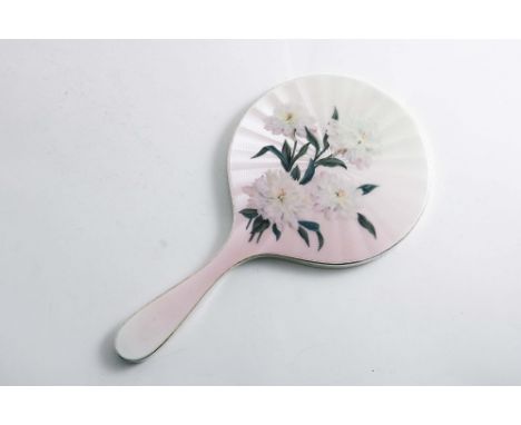 A LATE 20TH CENTURY HAND MIRROR enamelled on the back with flowers and translucent, pearlescent pink over an engine-turned gr