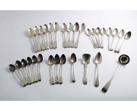 TEA SPOONS:- A set of six Fiddle, Thread &amp; Shell pattern tea spoons (diamond shell heel), crested, by William Eaton, Lond