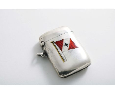 A LATE VICTORIAN / EDWARDIAN VESTA CASE enamelled on the front with a flag on a yellow pole, suspensory ring, by G. Nathan &a