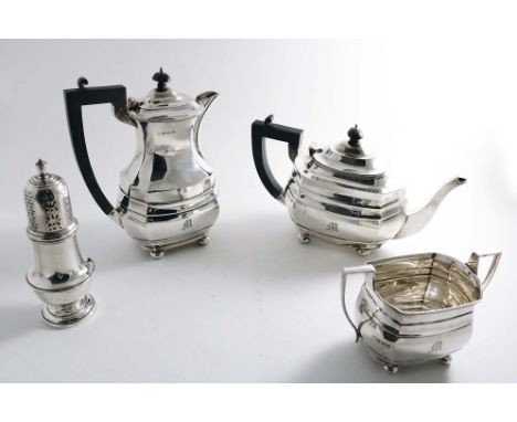 AN EARLY 20TH CENTURY TEA POT, HOT WATER JUG &amp; SUGAR BASIN on button feet with angular handles, initialled "M", by S. Bla
