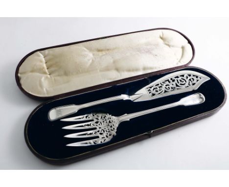 A VICTORIAN CASED FISH SERVING KNIFE AND FORK Fiddle &amp; Thread pattern with profusely pierced and engraved decoration, ini