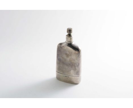 A VICTORIAN SPIRIT FLASK with shoulders, a pull-off drinking cup and a screw cap with an internal plug stopper, initialled "T