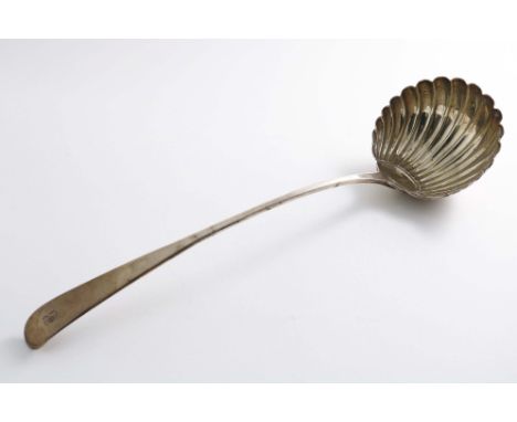 A GEORGE III OLD ENGLISH PATTERN SOUP LADLE with a fluted circular bowl, initialled "B", by Thomas Evans, London 1774; 13.5" 