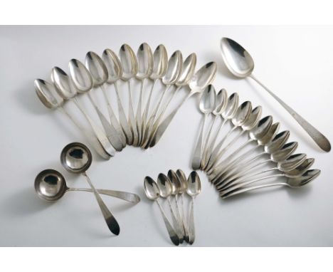 A GEORGE III IRISH PART-SET OF "CELTIC POINT" FLATWARE TO INCLUDE:- Eleven table spoons, nine dessert spoons, five tea spoons