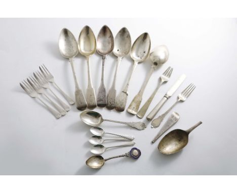 A MIXED LOT:- A set of six Scottish provincial Fiddle pattern table spoons, initialled "S", by James Erskine of Aberdeen (han