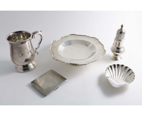 A MIXED LOT:- An Art Deco dish on a circular foot, a butter shell, a sugar caster, an engine-turned cigarette case and a balu