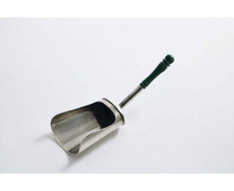 AN EDWARDIAN CADDY SCOOP with a green-stained, turned ivory handle, by T. Bradbury &amp; Sons, Sheffield 1908;  3.5"  (9 cms)