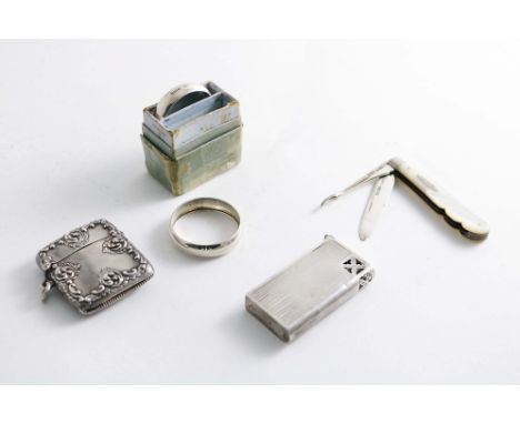 A LATE VICTORIAN VESTA CASE with embossed scroll borders, a suspensory ring and a gilt interior, by H. Matthews, Birmingham 1