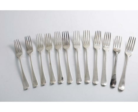 A SET OF ELEVEN GEORGE III DESSERT FORKS Old English pattern, crested, by W. Eley anmd W. Fearn, London 1803 and another fork
