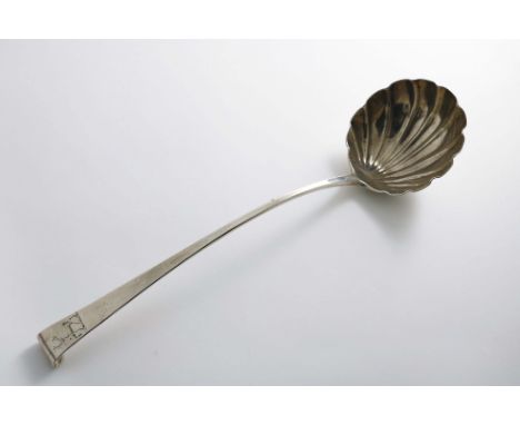 A GEORGE II IRISH HOOK-END SOUP LADLE with a fluted circular bowl, crested, probably by John Gumley, Dublin 1740-50 (date let