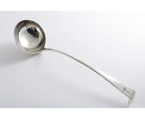 A GEORGE III IRISH HOOK-END SOUP LADLE  with a plain circular bowl, crested &amp; initialled "H" over "EA" on the drop, by Mi