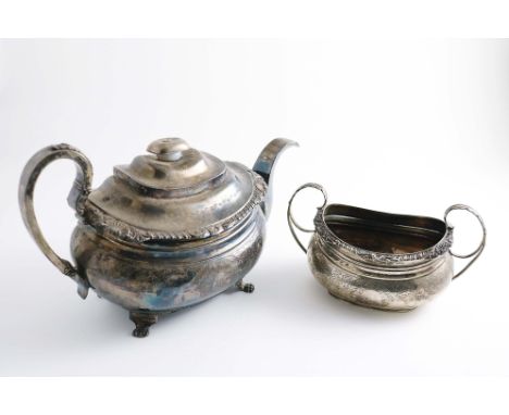 A GEORGE IV IRISH TEA POT &amp; MATCHING SUGAR BASIN (A/F), crested &amp; initialled, by Stephen Bergin, Dublin 1820/21; the 
