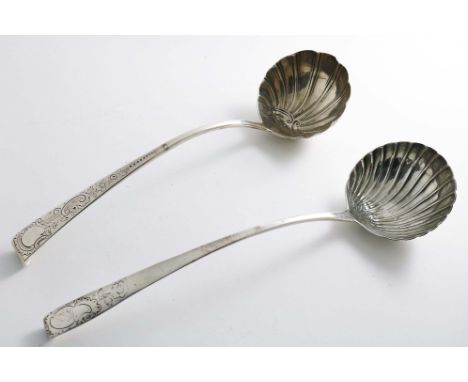 A GEORGE III IRISH HOOK-END SOUP LADLE with a chased &amp; fluted bowl and a chased stem, by either John Locker, Lloyd or Lau
