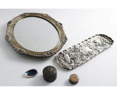 A MIXED LOT:- A late Victorian oval frame with a gadroon and foliate shell border (now fitted with a mirror), Sheffield 1900,