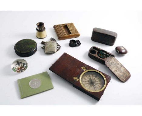A SMALL MIXED LOT:- An antique pocket compass in a fitted mahogany case with brass mounts, an antique set of steel jeweller's