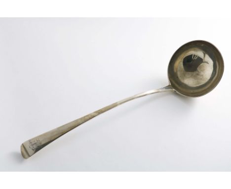 A GEORGE III IRISH SOUP LADLE Old English pattern, with a plain circular bowl, initialled "S", maker's mark "IC", Dublin 1765