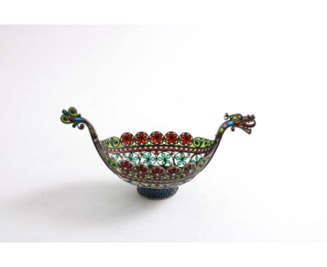 A LATE 19TH / EARLY 20TH CENTURY NORWEGIAN PLIQUE A JOUR ENAMELLED DISH loosely resembling a longship with a dragon-mask prow