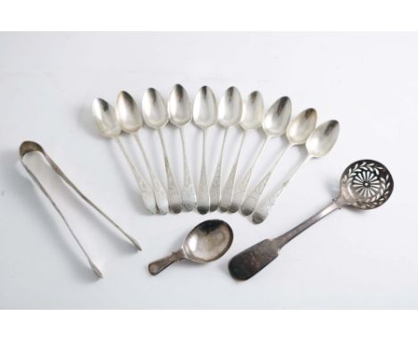 A MIXED LOT:- A set of ten George III bright-cut tea spoons, by S. Godbehere and E. Wigan, London 1793, a pair of George III 