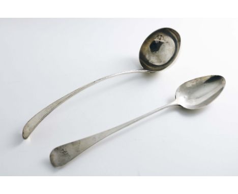 A GEORGE III FEATHER-EDGE SOUP LADLE maker's mark unclear, London 1778 and a George III Old English basting spoon, initialled