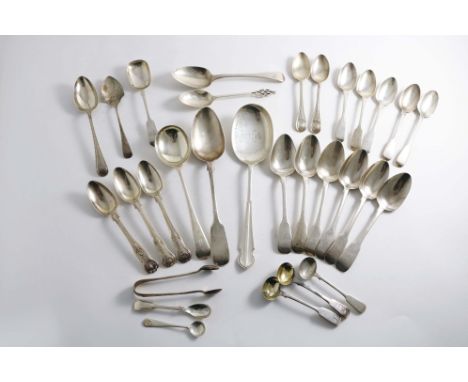 A MIXED LOT:- A set of six George IV Irish Fiddle dessert spoons, by M. West &amp; Sons, Dublin 1826, a Fiddle table spoon, a