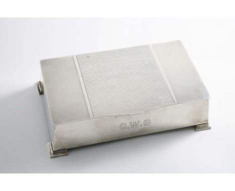 A MID 19TH CENTURY ART DECO REVIVAL CIGARETTE BOX on corner bracket feet with panels of reeding &amp; engine-turning on the c