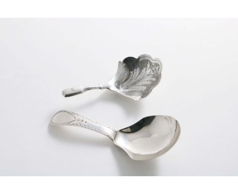 A VICTORIAN ENGRAVED CADDY SPOON with a leaf bowl and hollow Fiddle stem, initialled "M" by Hilliard &amp; Thomason, Birmingh