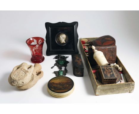 A GROUP OF BIJOUTERIE &amp; BRIC-A-BRAC largely 19th century, including a framed silver medallion "In Honour of John Lord Law