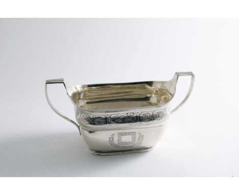 A GEORGE III IRISH TWO-HANDLED SUGAR BASIN with engraved decoration and two vacant cartouches, by an unidentified maker, "I.C