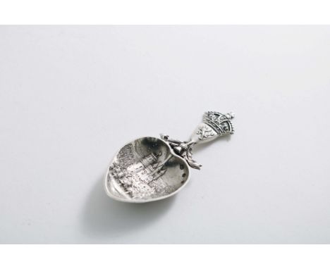 A LATE VICTORIAN SCOTTISH PROVINCIAL CAST CADDY SPOON with a view of Balmoral Castle in relief in the bowl, by William Robb o