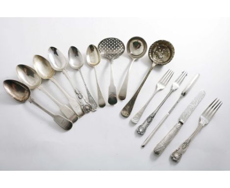 A MIXED LOT:- Five various dessert spoons, some crested/initialled, a George III later-pierced sauce ladle, crested &amp; ini