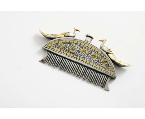 A 19TH CENTURY INDIAN PARCELGILT MOUSTACHE COMB AND SCENT BOTTLE COMBINED of demi-lune outline with a cast peacock sitting on