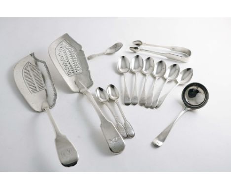 MISCELLANEOUS FLATWARE:- An early Victorian Fiddle pattern fish slice, a George III/IV Fiddle fish slice with a gadrooned bor