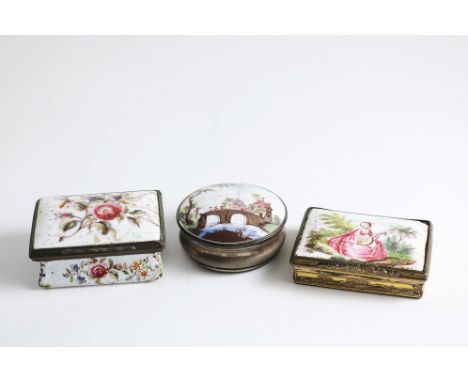 THREE 18TH CENTURY ENAMEL BOXES One painted with roses; 6.5 cms, one painted with a girl playing a lute on copper gilt base a