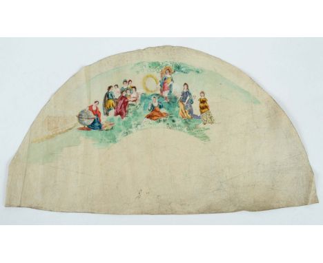AN UNCUT FAN LEAF  of vellum with watercolour sketch of figures enacting a play, probably 18th c. approx. 14 x 51 cms  (unfin